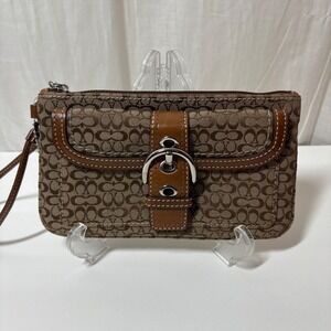 Coach Signature Canvas Buckle Snap Front Small Wristlet British Tan Brown